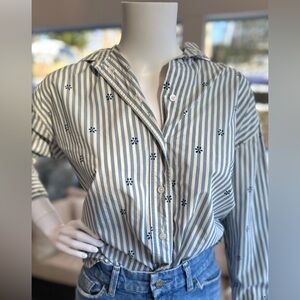 Madewell Floral Painter Shirt Stripe Print Ovesized Button Down Coastal Blue